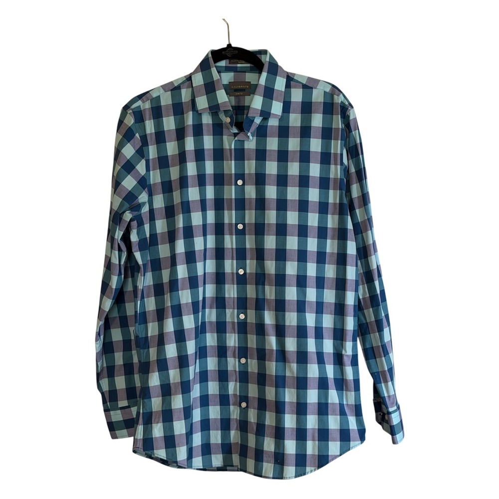Calibrate Dress Shirt Mens 16 34-35 Blue Gingham Trim Fit Non-Iron Long Sleeve